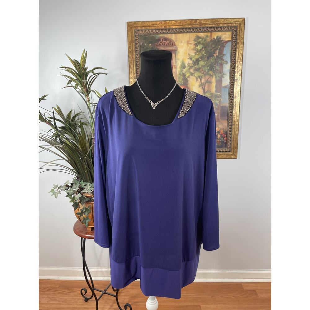 Daisy‎ Fuentes Blouse Top Women's XL Purple Beaded Shoulder Sophisticated Glam